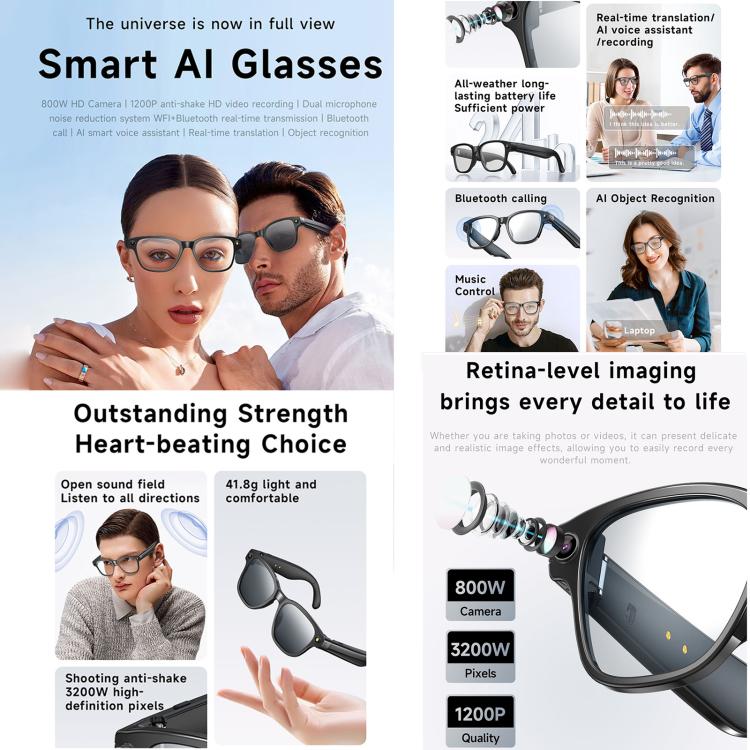 L801 Smart Glasses with 8MP HD Camera Video Recording WiFi Transmission Al Smart Voice Assistant Smart Wearable Headset