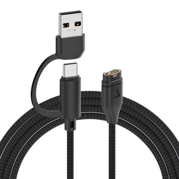 For Garmin 2 in 1 Type-C and USB-A Braid Watch Charging Cable, Length: 1m, Straight Head, Elbow Head