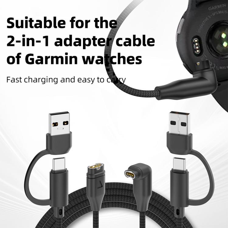 For Garmin 2 in 1 Type-C and USB-A Braid Watch Charging Cable, Length: 1m, Straight Head, Elbow Head