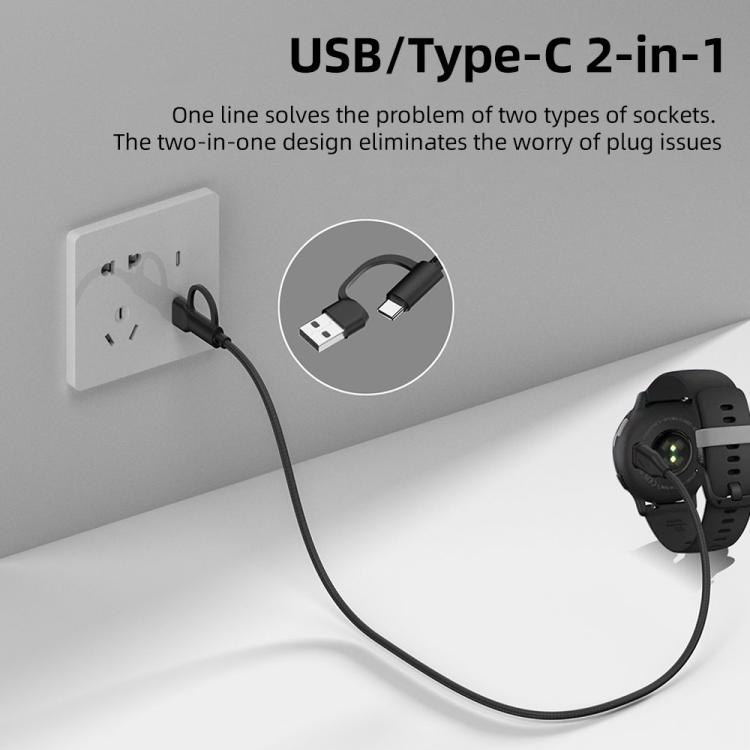 For Garmin 2 in 1 Type-C and USB-A Braid Watch Charging Cable, Length: 1m, Straight Head, Elbow Head