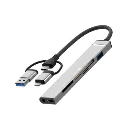 USB / Type-C / 8 Pin to CF / TF / SD Card Reader, 3.5mm HUB Adapter 6 in 1 Docking Station, 6-in-1