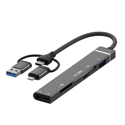 USB / Type-C / 8 Pin to CF / TF / SD Card Reader, 3.5mm HUB Adapter 6 in 1 Docking Station, 6-in-1