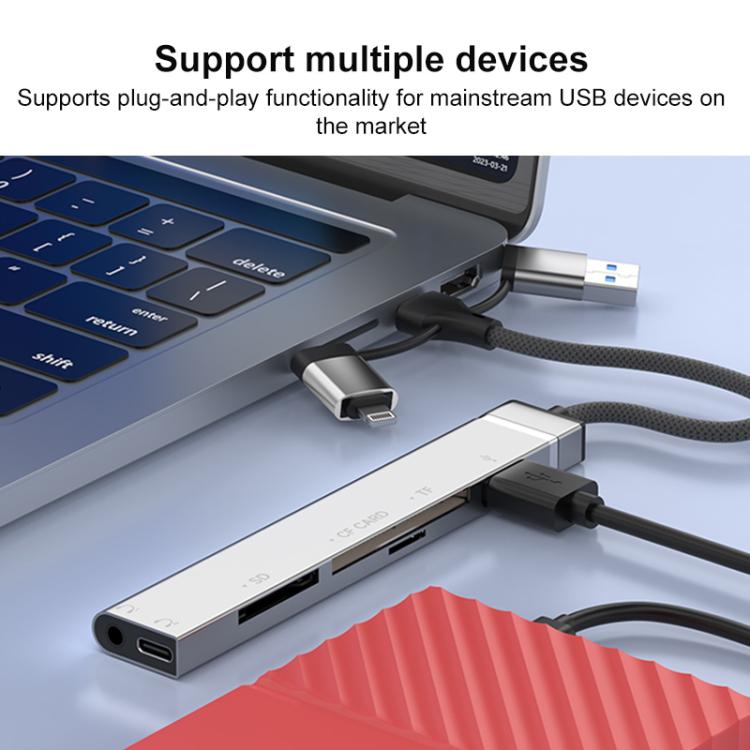 USB / Type-C / 8 Pin to CF / TF / SD Card Reader, 3.5mm HUB Adapter 6 in 1 Docking Station, 6-in-1
