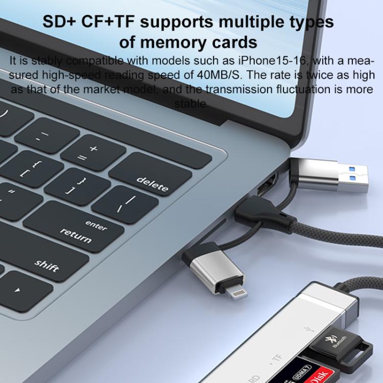 USB / Type-C / 8 Pin to CF / TF / SD Card Reader, 3.5mm HUB Adapter 6 in 1 Docking Station, 6-in-1