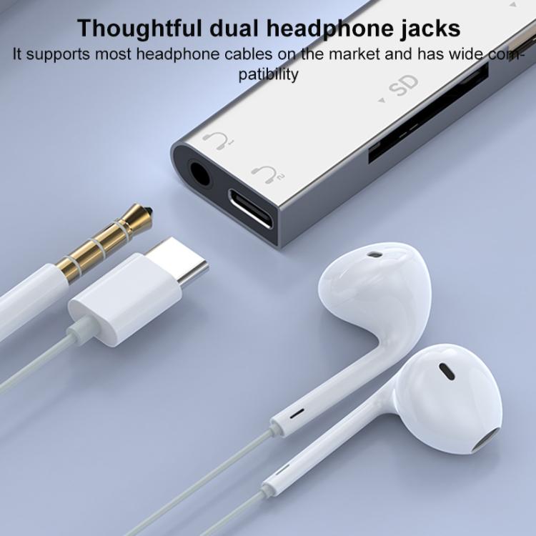 USB / Type-C / 8 Pin to CF / TF / SD Card Reader, 3.5mm HUB Adapter 6 in 1 Docking Station, 6-in-1