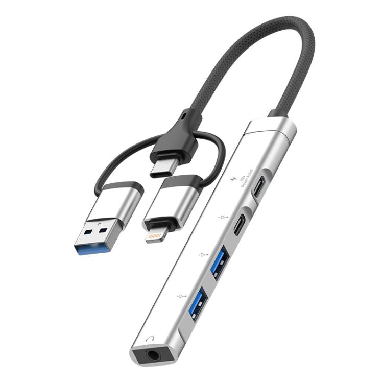USB / Type-C / 8 Pin to 3.5mm, PD, 2 x USB, Type-C HUB Adapter 5 in 1 Docking Station, 5-in-1 3.5mm