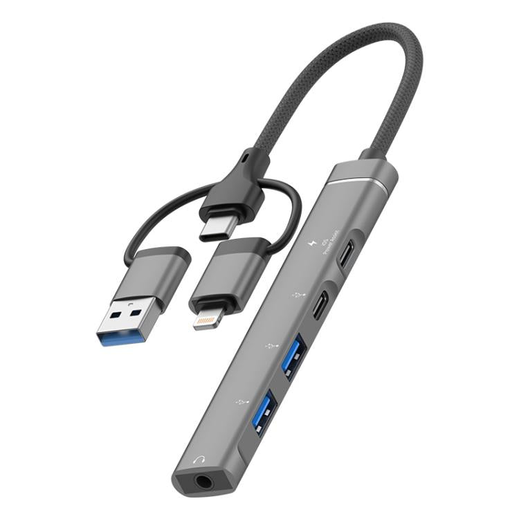 USB / Type-C / 8 Pin to 3.5mm, PD, 2 x USB, Type-C HUB Adapter 5 in 1 Docking Station, 5-in-1 3.5mm
