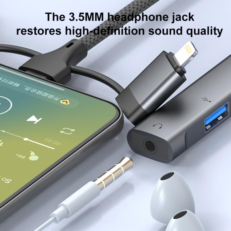 USB / Type-C / 8 Pin to 3.5mm, PD, 2 x USB, Type-C HUB Adapter 5 in 1 Docking Station, 5-in-1 3.5mm
