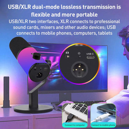 XTUGA ZX-777 XLR / USB-C Dynamic Microphone RGB Light Noise Reduction for Live, Desktop, Long Arm Bracket
