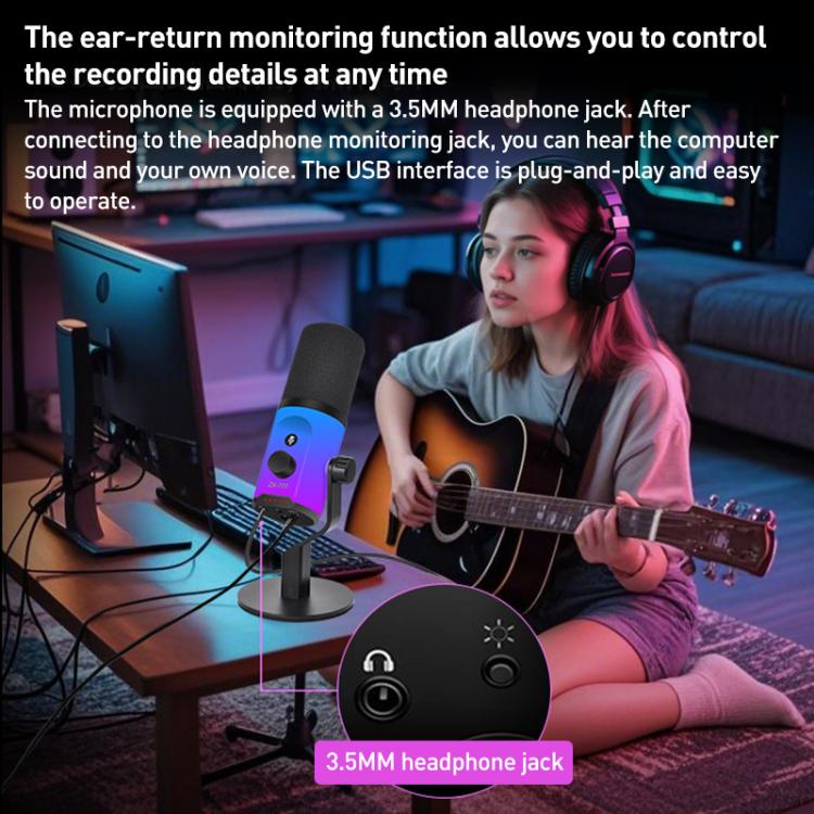 XTUGA ZX-777 XLR / USB-C Dynamic Microphone RGB Light Noise Reduction for Live, Desktop, Long Arm Bracket