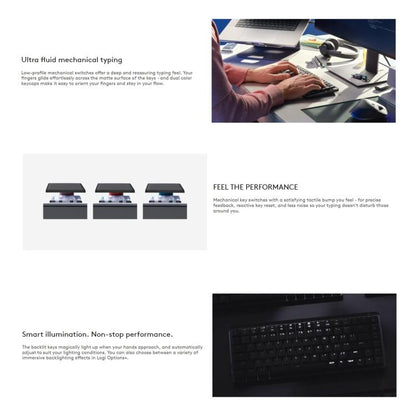 Logitech MX Mini Compact Smart Backlit Wireless Bluetooth Mechanical Keyboard, Tea Shaft, Blue Shaft