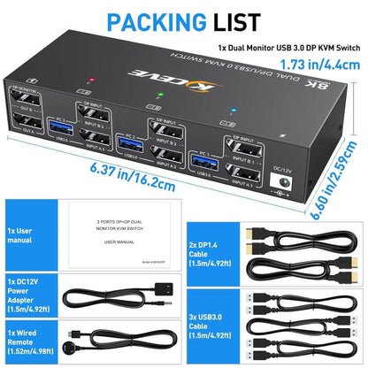 KCEVE KC-KVM302DP USB 3.0 Dual Monitor 8K 30Hz KVM Switch, US Plug, EU Plug, UK Plug, AU Plug