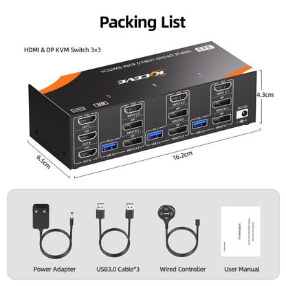 KCEVE KC-KVM303 USB 3.0 Dual Monitor 8K 60Hz KVM Switch, US Plug, EU Plug, UK Plug, AU Plug