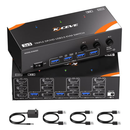 KCEVE KC-KVM303 USB 3.0 Dual Monitor 8K 60Hz KVM Switch, US Plug, EU Plug, UK Plug, AU Plug