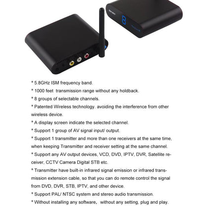 Measy AV530 5.8GHz Wireless Audio / Video Transmitter and Receiver, Distance: 300m, AV530 Black
