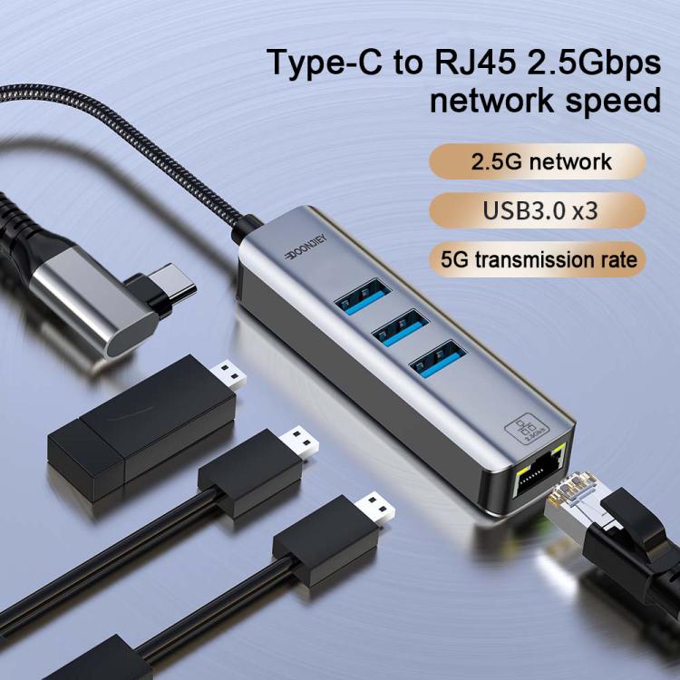 USB -C / Type-C Elbow to RJ45 and 3 x USB-A Aluminum Alloy Shell HUB Adapter Expander, Type-C Elbow to RJ45 and 3 x USB-A
