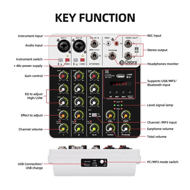 DEBRA V4 4-Channels Audio Mixer with Reverb Sound Card for Live Streaming, V4