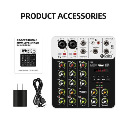 DEBRA V4 4-Channels Audio Mixer with Reverb Sound Card for Live Streaming, V4