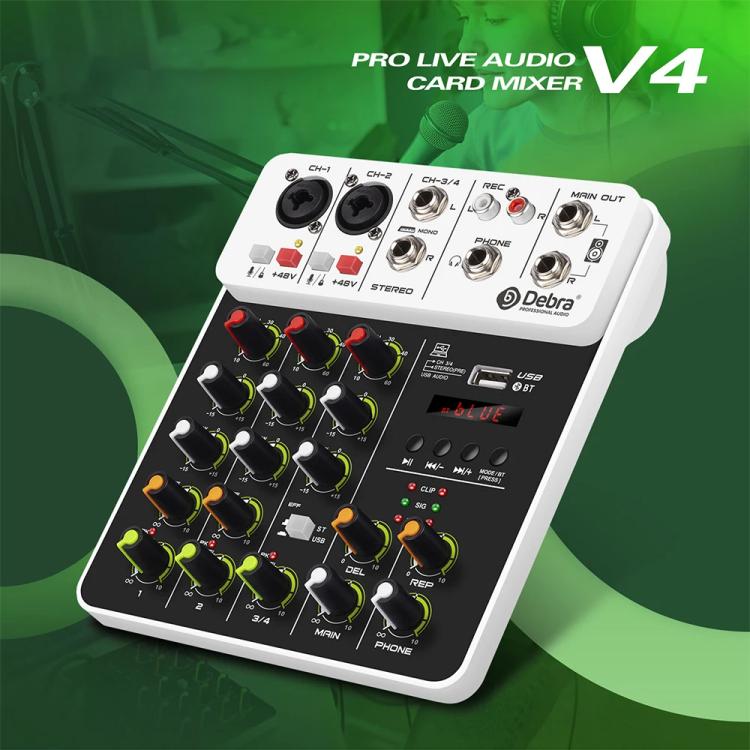 DEBRA V4 4-Channels Audio Mixer with Reverb Sound Card for Live Streaming, V4
