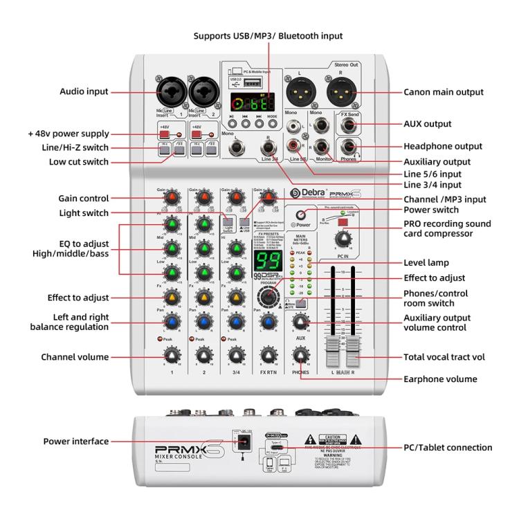 DEBRA PRMX-6 4-Channels Audio Mixer DSP Reverb for Live Recording, PRMX-6