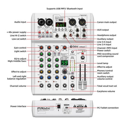 DEBRA PRMX-6 4-Channels Audio Mixer DSP Reverb for Live Recording, PRMX-6