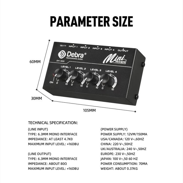 DEBRA M094 4-Channels Audio Mixer Musical Instrument Live Streaming Reverb, US Plug, EU Plug, AU Plug, UK Plug