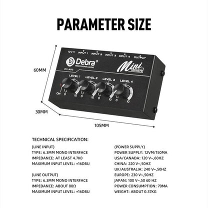 DEBRA M094 4-Channels Audio Mixer Musical Instrument Live Streaming Reverb, US Plug, EU Plug, AU Plug, UK Plug