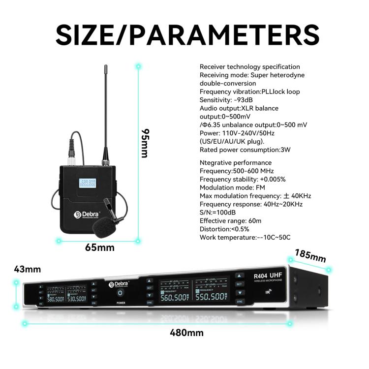 DEBRA R404 UHF Wireless Microphone 4-in-1 Professional Stage Performance Conference Handheld Mic, R404