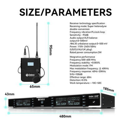 DEBRA R404 UHF Wireless Microphone 4-in-1 Professional Stage Performance Conference Handheld Mic, R404