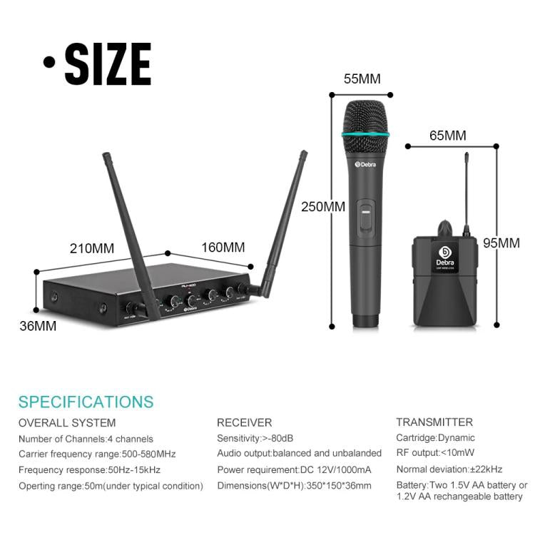 DEBRA AU-400 UHF Wireless Microphone System 4-in-1 for Performance Conference KTV, 4 Handheld Mic, 2 Handheld +2 Bodypack, 4 Bodypack Mic