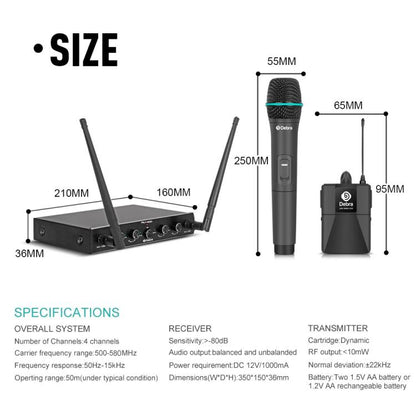 DEBRA AU-400 UHF Wireless Microphone System 4-in-1 for Performance Conference KTV, 4 Handheld Mic, 2 Handheld +2 Bodypack, 4 Bodypack Mic