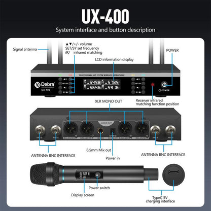 DEBRA UX-400 UHF Wireless Rechargeable Microphone System 4-in-1, UX-400