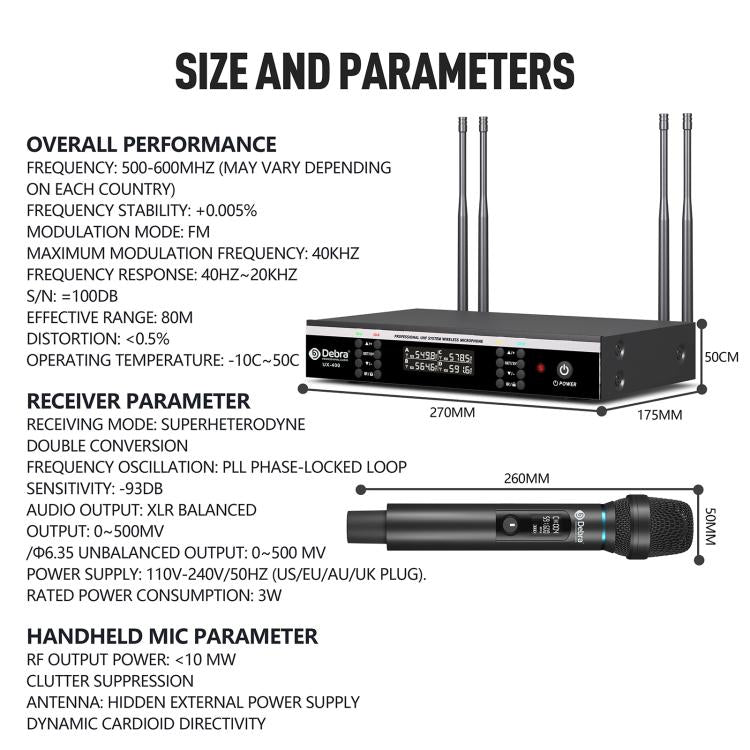 DEBRA UX-400 UHF Wireless Rechargeable Microphone System 4-in-1, UX-400