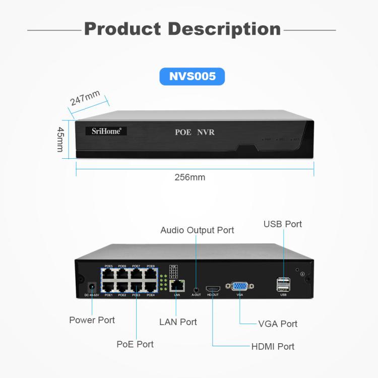 SriHome NVS005-POE065 3MP HD 8-CH POE Camera Network Video Recorder Kit, 3MP 8-CH