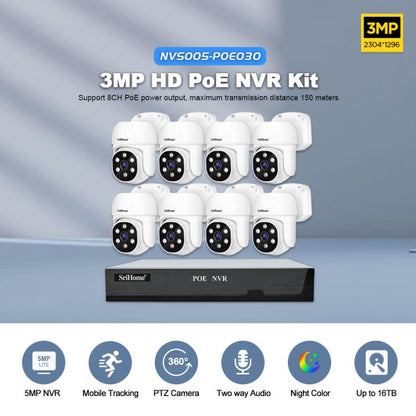 SriHome NVS005-POE030 3MP HD 8-CH POE Camera Network Video Recorder Kit, 3MP 8-CH