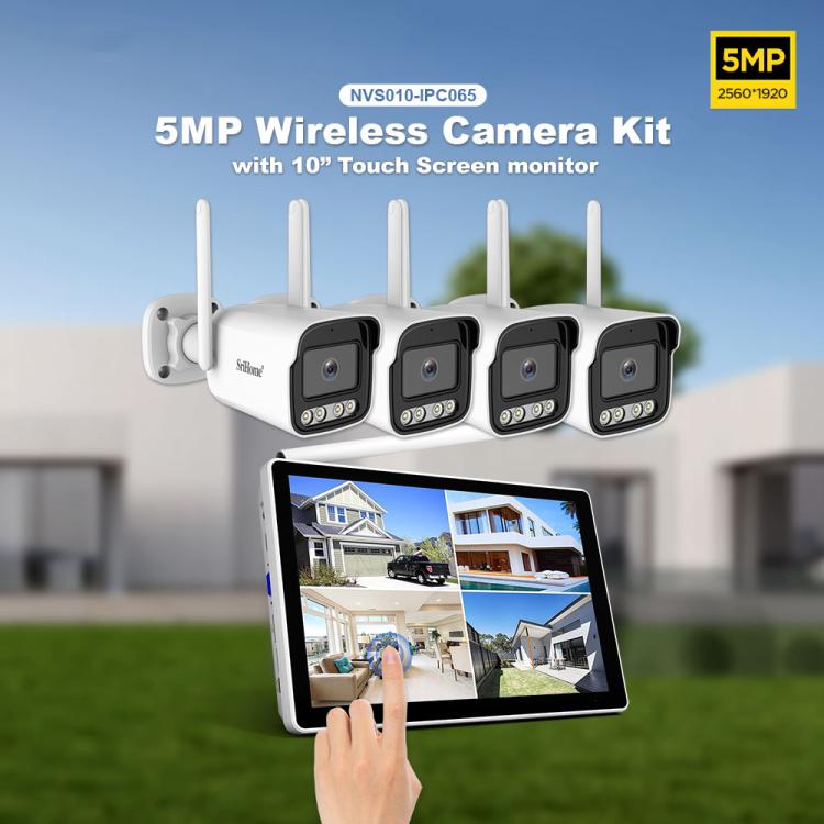 SriHome NVS010-IPC065 5MP HD 4-CH WiFi Camera Kit with 10.1 inch Touch Screen Monitor, EU Plug, US Plug, UK Plug, AU Plug