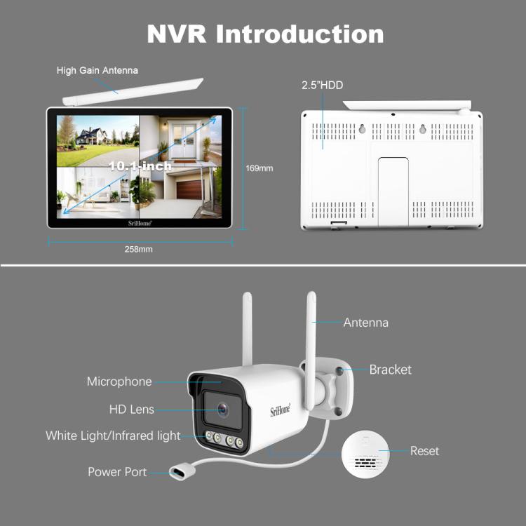 SriHome NVS010-IPC065 5MP HD 4-CH WiFi Camera Kit with 10.1 inch Touch Screen Monitor, EU Plug, US Plug, UK Plug, AU Plug