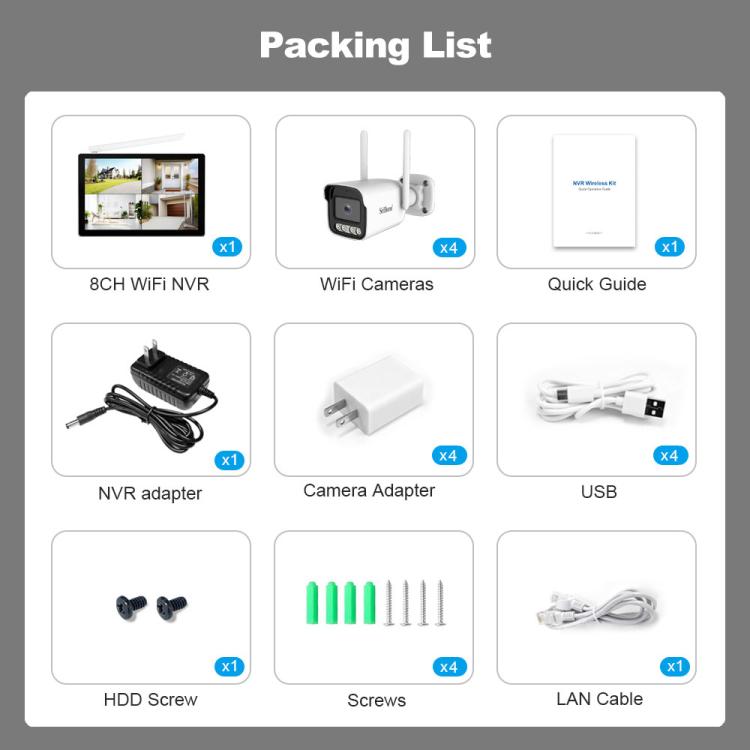 SriHome NVS010-IPC065 5MP HD 4-CH WiFi Camera Kit with 10.1 inch Touch Screen Monitor, EU Plug, US Plug, UK Plug, AU Plug