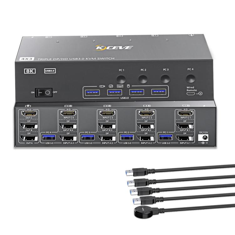 KCEVE KC-KVM403DH 4 IN 1 OUT DP/HD USB 3.0 4K 144Hz KVM Switch, EU Plug, US Plug, UK Plug, AU Plug