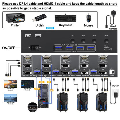 KCEVE KC-KVM403DH 4 IN 1 OUT DP/HD USB 3.0 4K 144Hz KVM Switch, EU Plug, US Plug, UK Plug, AU Plug