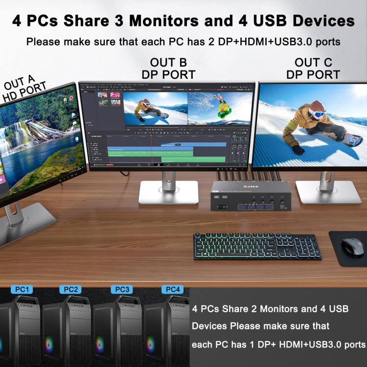 KCEVE KC-KVM403DH 4 IN 1 OUT DP/HD USB 3.0 4K 144Hz KVM Switch, EU Plug, US Plug, UK Plug, AU Plug