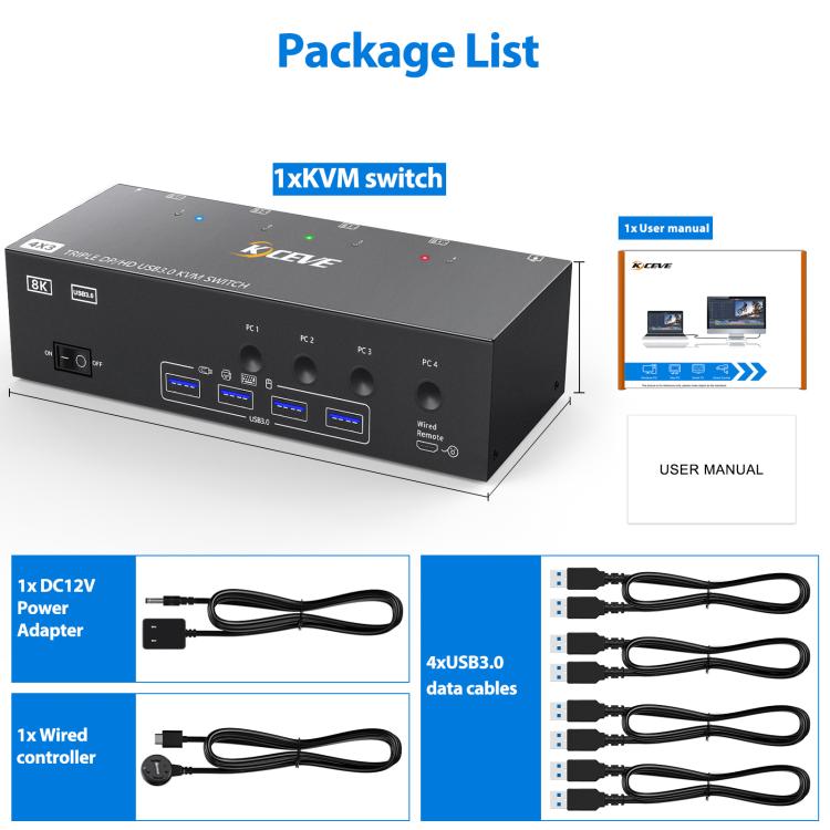KCEVE KC-KVM403DH 4 IN 1 OUT DP/HD USB 3.0 4K 144Hz KVM Switch, EU Plug, US Plug, UK Plug, AU Plug