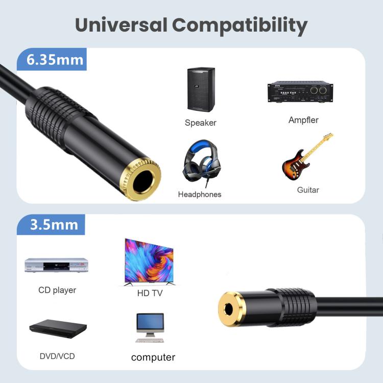 3.5mm Dual-channel Female to 6.35mm Dual-channel Female Stereo Audio Cable, 0.5m, 1.8m, 3m