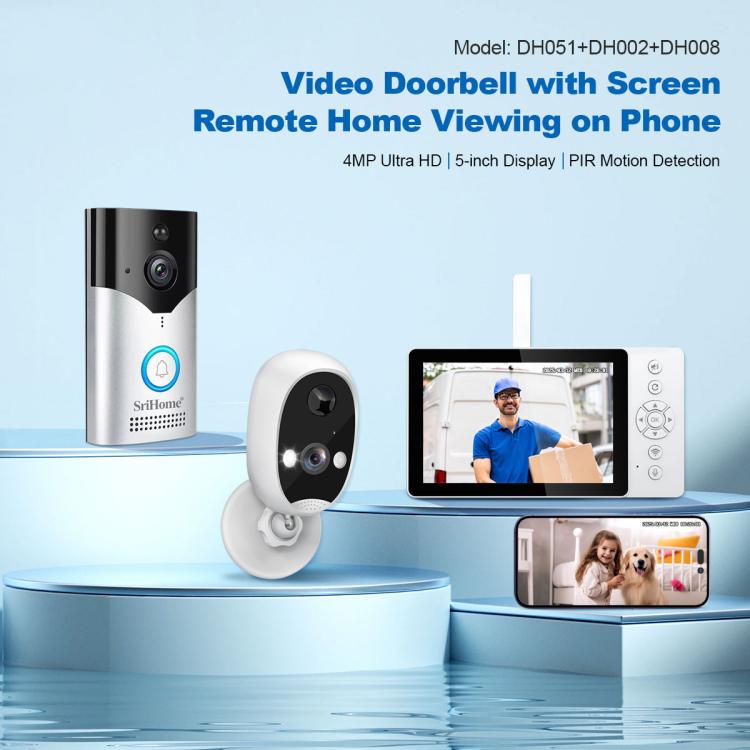 SriHome DH054+DH002+DH008 4MP HD Smart WiFi Video PIR Visual Doorbell Set, DH054+DH002+DH008