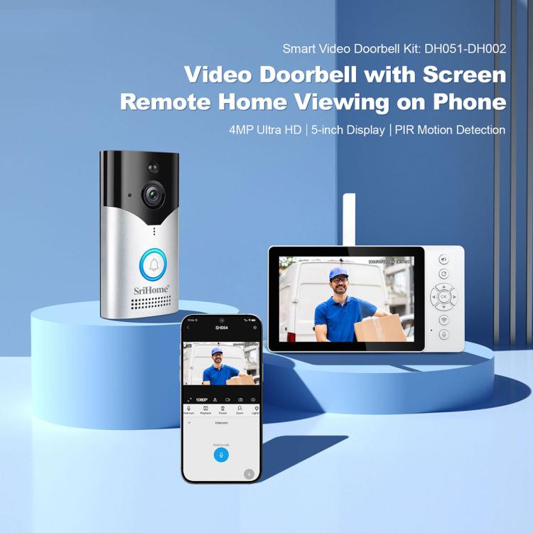 SriHome DH054+DH002 4MP HD Smart WiFi Video PIR Visual Doorbell Set, DH054+DH002