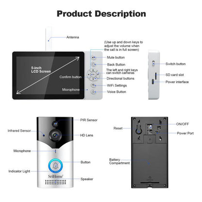 SriHome DH054+DH002 4MP HD Smart WiFi Video PIR Visual Doorbell Set, DH054+DH002
