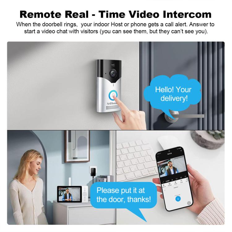 SriHome DH054+DH002 4MP HD Smart WiFi Video PIR Visual Doorbell Set, DH054+DH002