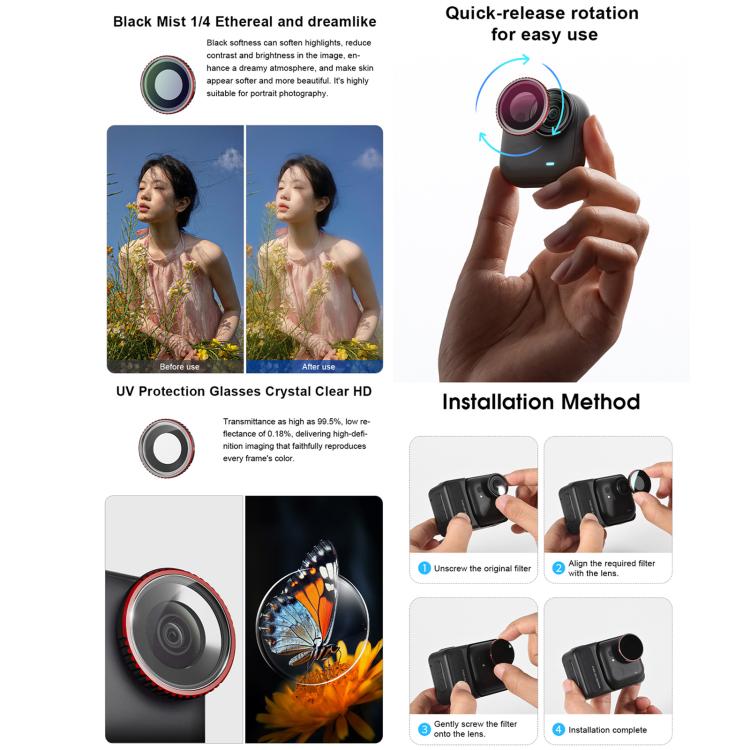 For Insta360 GO Ultra STARTRC Camera Lens Filter, CPL, Black Mist 1/4, UV, ND32, 4 in 1 ND32/64 UV CPL