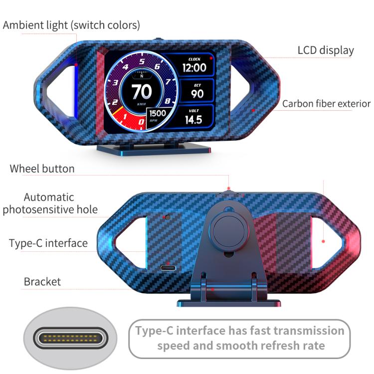 P26 Car HUD Head-Up Display Multi-function LCD OBD Smart Gauge Slope Meter Accelerometer, P26