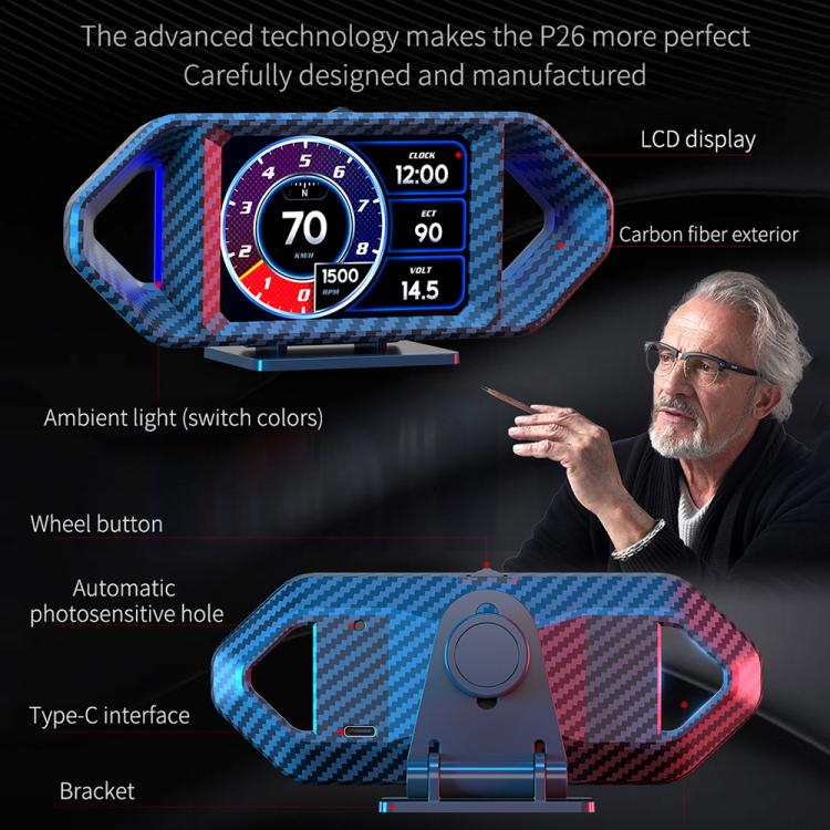 P26 Car HUD Head-Up Display Multi-function LCD OBD Smart Gauge Slope Meter Accelerometer, P26